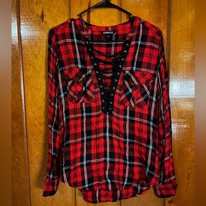Express Plaid Lace-Up Blouse